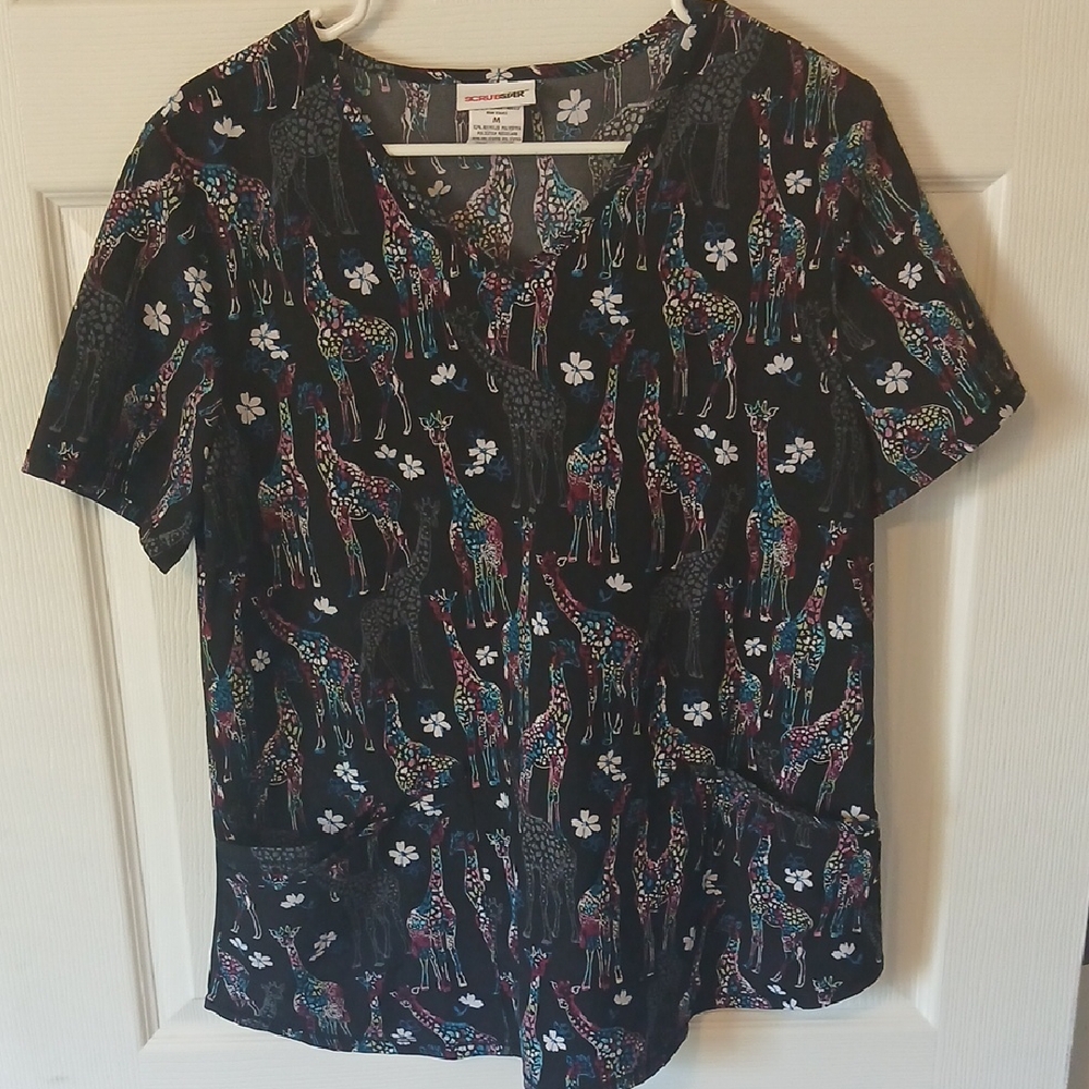 Scrub Star Colorful Giraffe Print Women's Scrub Top. Medium.